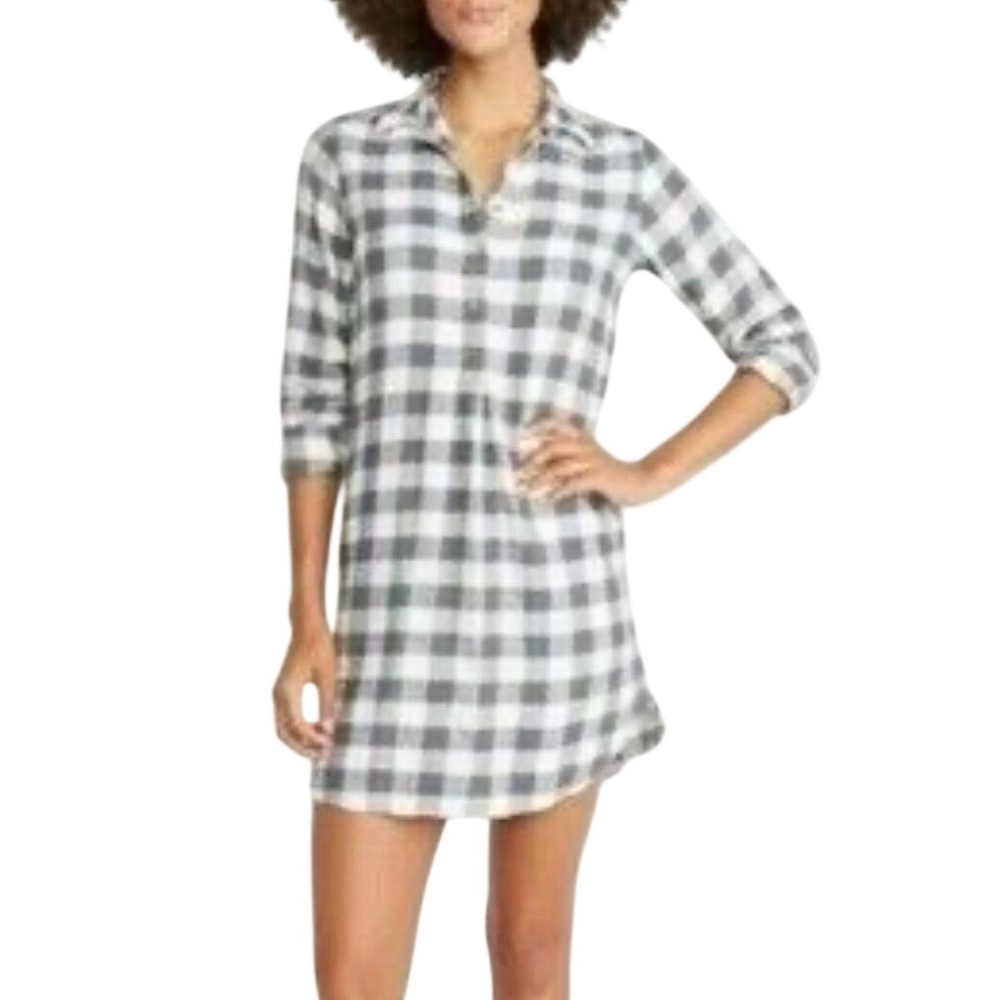 Marine Layer Shirt Dress Womens XS Grey White Buffalo Check Cotton Blend Pockets